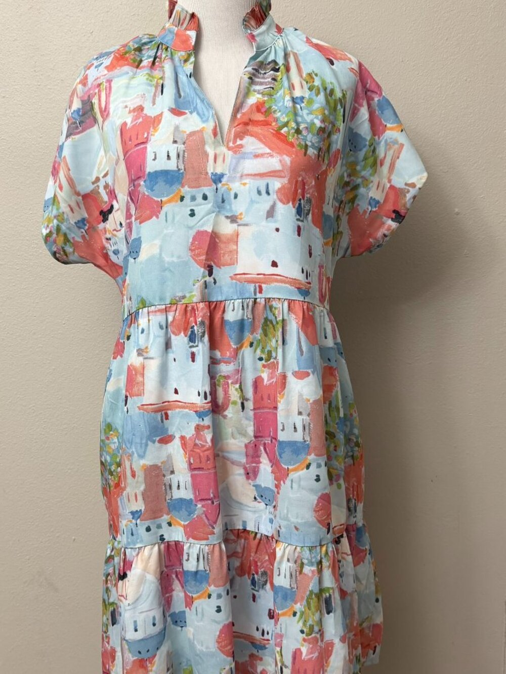 THML Europe Rooftops Blue Pink Layered Dress Small